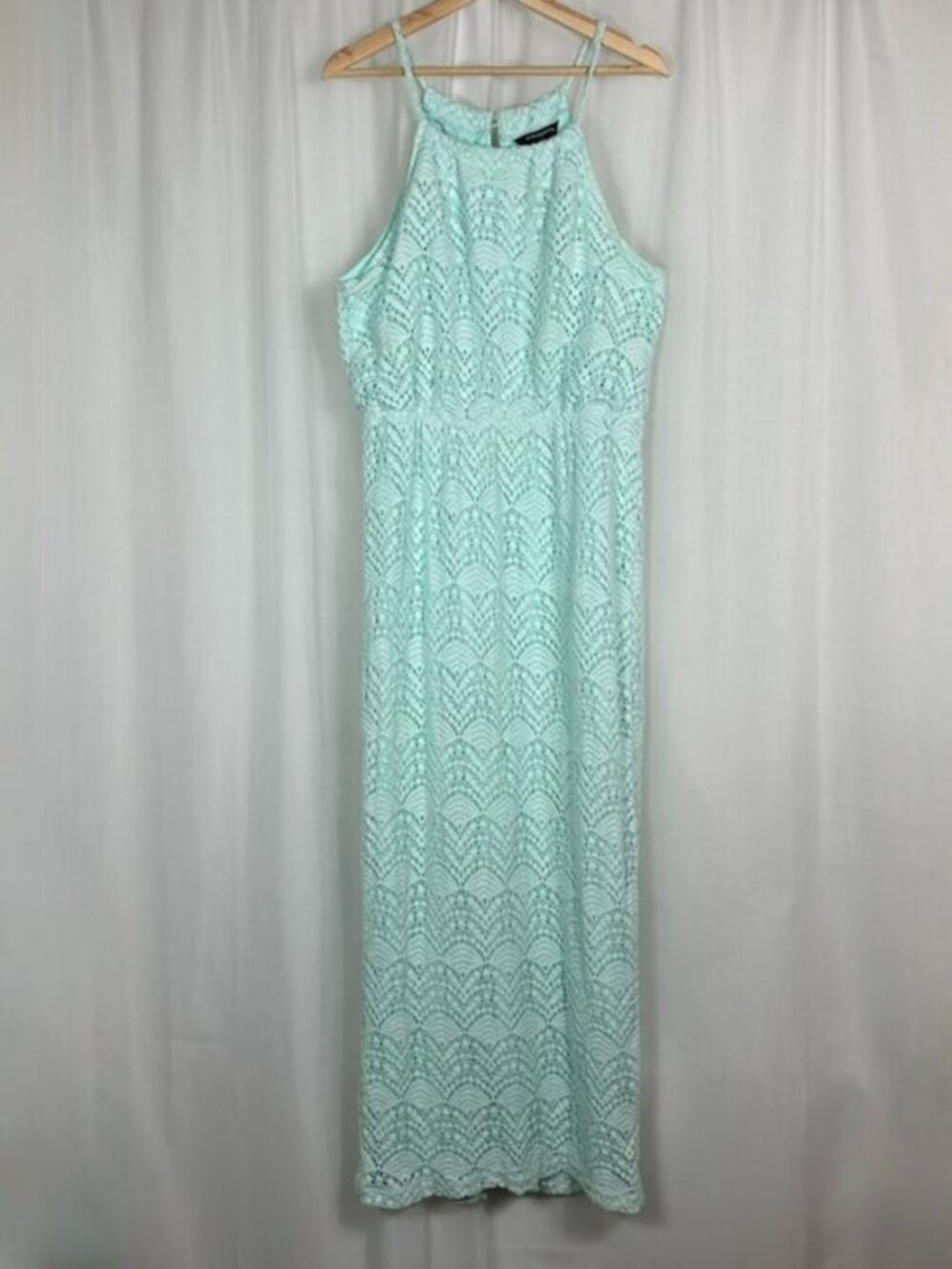 Sharagano Lace Crochet Maxi‎ Dress 12 Sea Green High Neck Boho Beachy Resortwear